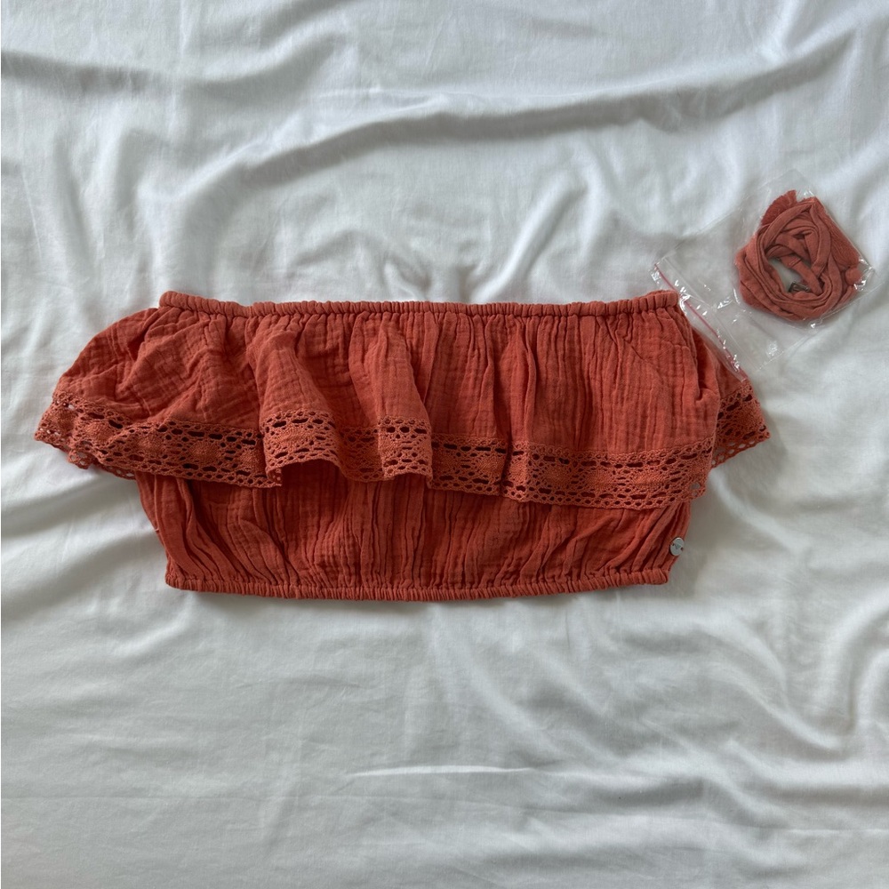 NWT Roxy Off Shoulder Smocked Crop Top Rust Orange w/ Removable Straps